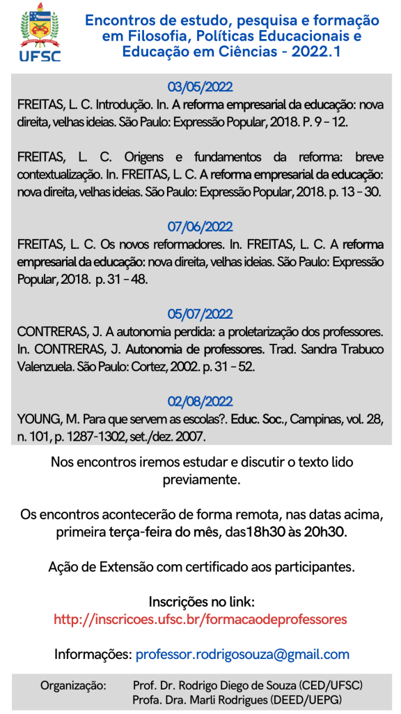 Programação dos encontros de 2022.1